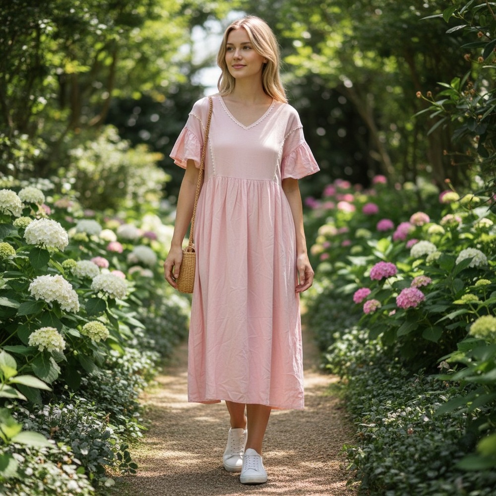 Pink Babydoll Dress Crochet Lace Trim Short Sleeve V-Neck Midi Dress S/ #26928